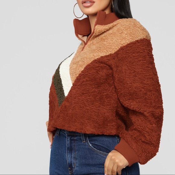 Fashion Nova The Next Movement Pullover Color-block Rust Combo Teddy Sweater L - Picture 3 of 13